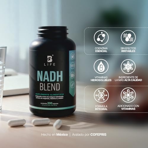 B Life NADH 200 Cápsulas | 200 Días de Consumo | 6 Veces Más Producto vs Otros | Nicotinamida Potenciada con Magnesio y Colágeno | Antioxidante NAD Blend.