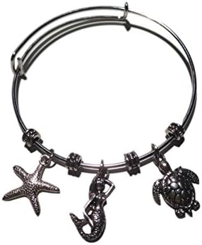 Lovely Sea Themed Adjustable Bangle Bracelet in Antique Silver Toned Overlay