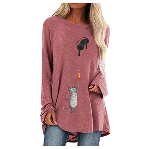Moilant Women O-Neck T Shirt Cute Cartoon Print Tops Plus Size Casual Blouse Tunic Pink