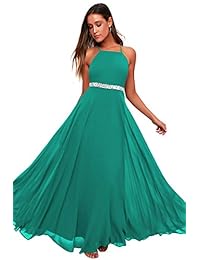 Vestido largo de tul con cuentas y tiras de espagueti ajustables para mujer