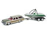 Johnny Lightning JLBT002B-1973CHEVY-SILVER 1973 Chevrolet Caprice Silver Poly with Wood Grain with Boat and Trailer Gone Fishing 1/64 Diecast Model Car