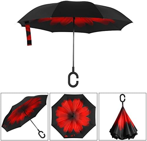 Inverted Umbrella With Double Layer, WILLTOP Cars Reverse Stick Umbrella UV Proof and Windproof With C-Shaped Handle (Red)