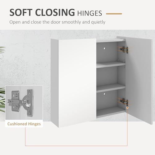 kleankin 24" x 24" Medicine Cabinet, Wall Mounted Bathroom Mirror Cabinet with Mirrored Doors, Adjustable Shelves and Soft Close Mechanism, High Gloss White