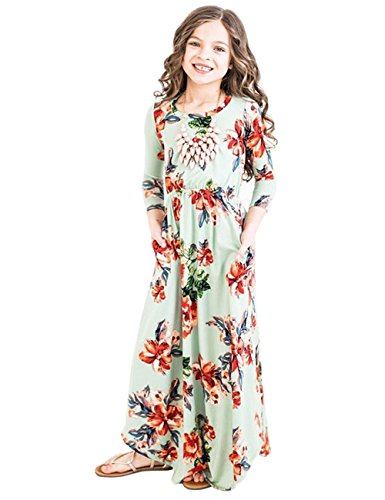 JYH Girls Maxi Dress, Floral Flared Sewing Pocket Three-Quarter Sleeves Long Dress ,Light Green,Size 7-8 Years/8T