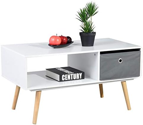 ASUUNY White Coffee Table, Modern Coffee Table with Storage, Wooden Shelf with Drawer, Natural Pine Legs for Living Room Bedroom Lounge, ALCT