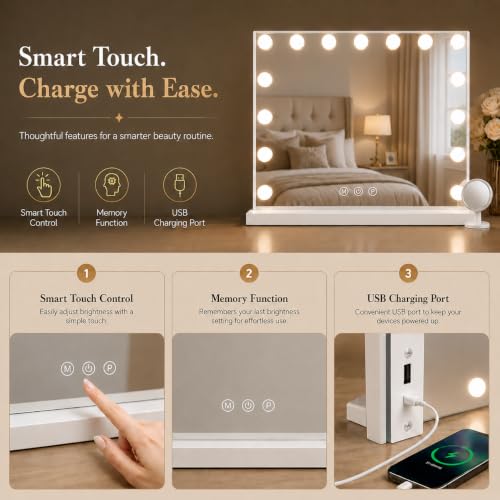 Hcosmy Vanity Mirror with Lights Lighted Makeup Mirror with 15 Dimmable LED Bulbs,3 Color Lighting Modes,USB Charging Port Touch Control,Sturdy Metal Frame Design 24x18 Inch