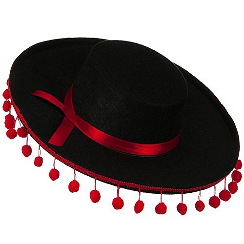 Felt Spanish Hat Adult Gaucho Mexican Zorro Pom Black Red Band Ball Costume