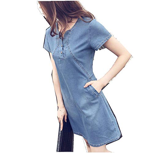 Women Denim Dress Plus Size Short Sleeve Henley Neck Casual Shirt Dress (M, Light Blue)