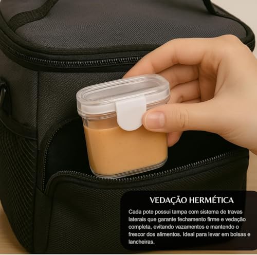 Kit 4 Mini Potes Hermético Retangular Plástico Transparente 50ml 7x5x4cm Tampa c/Trava de Segurança, Organizador de Alimentos, Porta Molhos, Reutilizáveis e Atóxico Livre BPA
