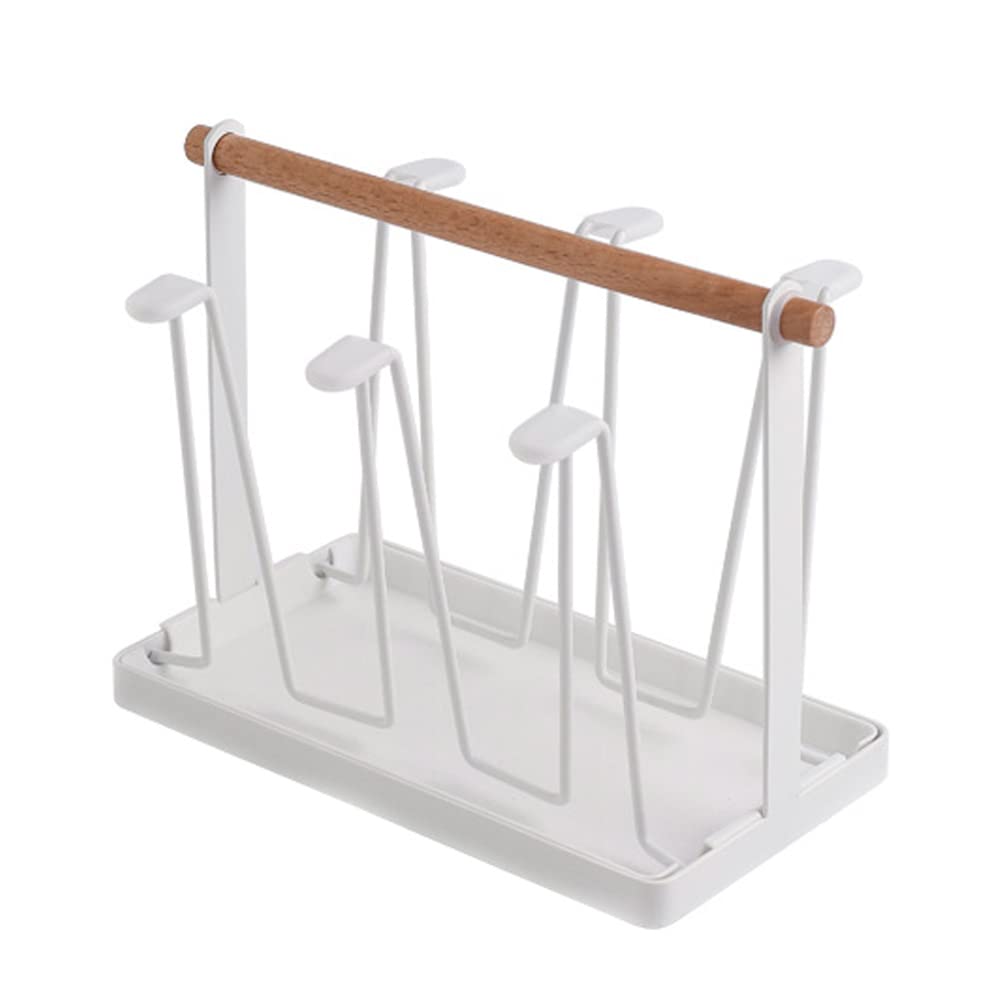 Hniuyun Bottle Drying Rack, Cup Drying Rack Stand with Drain Tray, Metal Drying Organizer for 6 Cups or Mugs (White)