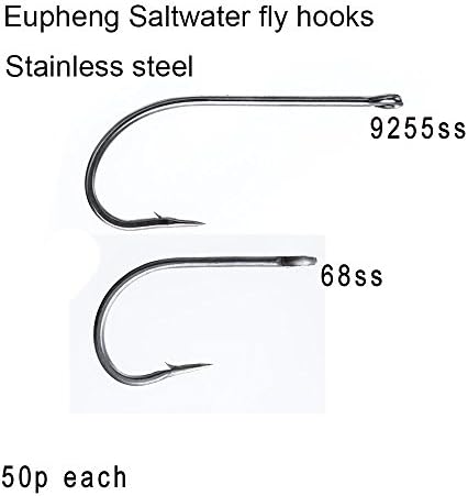 Eupheng 50 pc Each Pack Plus Best Salt Water Stainless Steel Fly Hook Collection EP-9255 SS EP-68SS Caddis Flies Hook Sizes