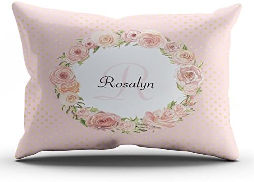 Fanaing Bedroom Custom Decor Romantic Pink Dotted Rose Floral Monogrammed Name Round Pillowcase Soft Zippered White Throw Pillow Cover Cushion Case Fashion Design One-Side Printed King 20X36 Inches
