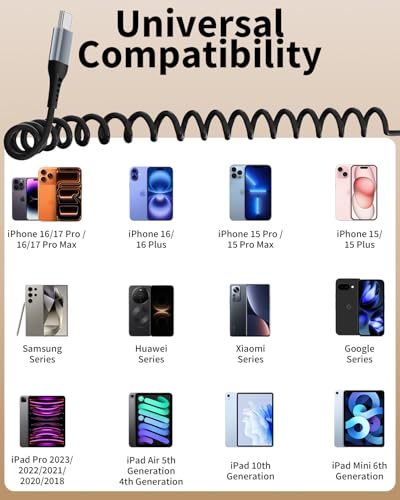 layajia Spiral USB C Cable, 1M [Recommended Stretch Length: 0.3-0.6M] USB to USB-C and Data Cable for Android Auto, CarPlay, iPhone 17/16/15 Series, Galaxy S24 Ultra, Pixel, Xiaomi