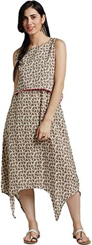 Desi Fusion Women's Cotton Geometrical Print Dress (Cream)