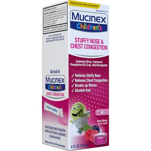 MUCINEX CHILDREN’S STUFFY NOSE & CHEST CONGESTION, MULTI-SYMPTOM RELIEF, EXPECTORANT, NASAL DECONGESTANT, VERY BERRY FLAVOR, 4 FL OZ