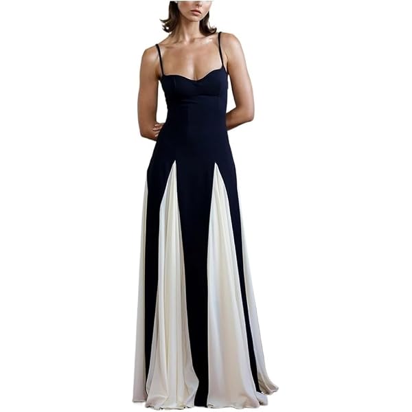 Amazon.com: Cjfdfy Women's Elegant Pleated Maxi Dress Spaghetti Strap Black  and White Color Block Gown Low Cut Patchwork Swing Dresses (Black and White,  S) : Clothing, Shoes & Jewelry