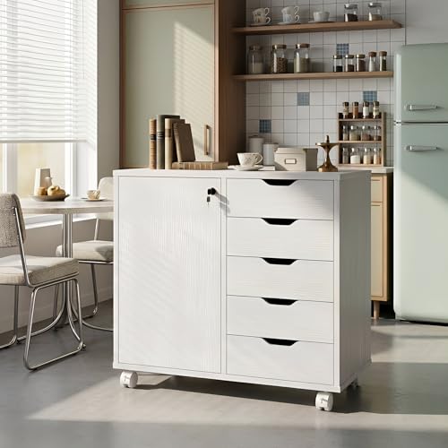Simple Wisdom Archivero Organizador con 5 Cajones,Archivero con Llave de Oficina con Estantes Ajustables y Ruedas,Soporte para Impresora para Oficina en Casa(Blanco)