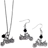 Motorcycle Necklace & Earring Set, with Jet Black Faceted Crystal Accent Beads on 20 inch Stainless Steel Chain and Sterling Silver Earwires