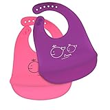 Aonesy Waterproof Silicone Baby Feeding Bibs with Snaps and Pocket Food Crumbs Catcher BPA Free Stain Resistant Bibs Pink and Purple 2 Pack