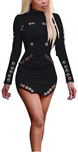 Speedle Womens Sexy Long Sleeves Metal Circles Hollow out Bodycon Mini Dress Black L