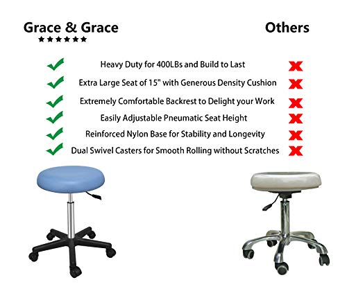 Grace & Grace Professional Task Stool Chair LUX Series Extra Large Seat Rolling Swivel Pneumatic Adjustable Heavy Duty for Dentist, Shop, Office and Home