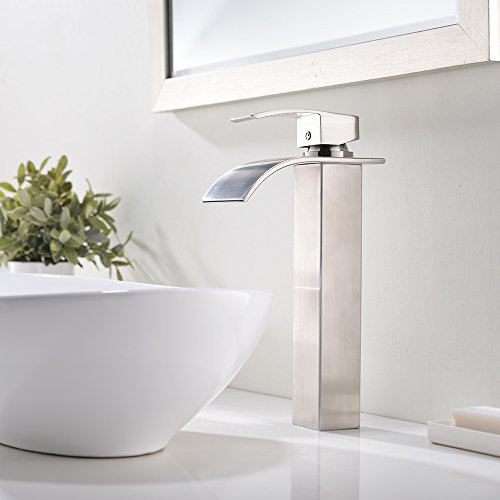 VESLA HOME Single Handle Tall Waterfall Brushed Nickel Vessel Sink Bathroom Faucet, Lavatory Vanity Sink Faucet With Large Rectangular Spout