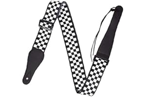 Guitar Strap Black and White Checkered Genuine Leather Ends Guitar Shoulder Strap Adjustable Holder for Guitar Acoustic Guita