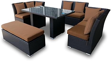 Jamaican Outdoor Wicker Patio Furniture Sofa and Dining Set Combination in Black Wicker with Brown Cushions