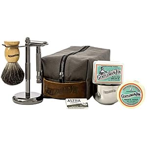 Gentleman Jon Deluxe Wet Shave Kit | Includes 8 Items: Safety Razor, Badger Hair Brush, Shave Stand, Canvas & Leather…