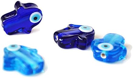 Hamsa Beads with Evil Eye Lamp Work Hamsa Beads with Hole- Glass Hand of Fatima Evil Eye Beads (Blue)