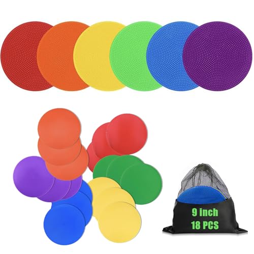 Qtheaes 9 Inch Poly Spot Markers for Sports Training, 6/18 Pcs Round Multiple Color Rubber Non-Slip Spots Marker for Classroom Games, Gym Floor Dots and PE Activitie