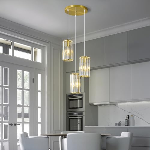 ZPBSJ Gold Crystal Chandelier, Hanging Dining Room Lamp, Nightstand Lamp, Flexible Adjustable Height, Ideal for Dining Room, Living Room and Kitchen Islands (3 Lights Gold)