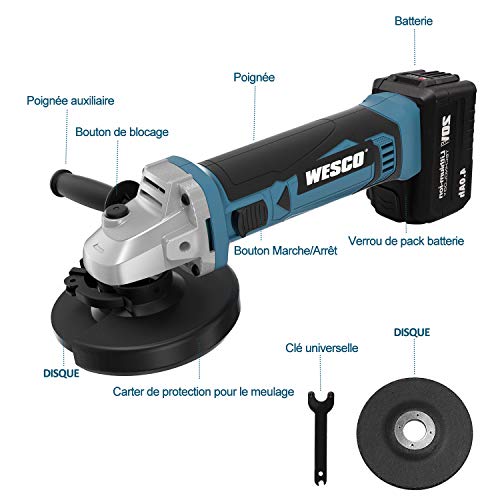 Meuleuse d\'angle sans Fil 18V, WESCO 4.0Ah Meuleuse Angulaire sans fil, 8800/min, Avec batterie 4.0Ah et chargeur, Diamètre du Disque 115mm avec Poignée Auxiliaire et 3 Disques de Meulage