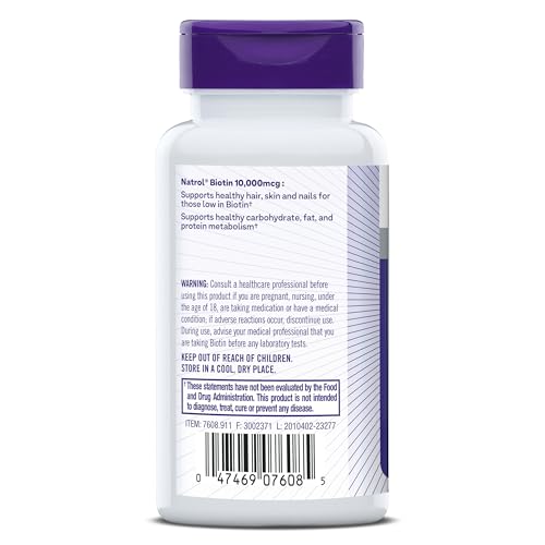 NATROL BIOTIN 10000MCG, SUPPLEMENT FOR HEALTHY HAIR, SKIN AND NAILS FOR THOSE LOW IN BIOTIN, PLUS ENERGY METABOLISM SUPPORT, 200 TABLETS, UP TO A 200 DAY SUPPLY