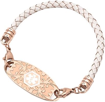 Medical Alert ID Bracelet for Women Leather Band Rose Gold Medical ID Interchangeable Tag (Free Engraving)