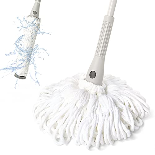 Self Wringing Mop for Floor Cleaning with 2 Reusable Heads, ZUBULUN Easy Squeeze Twist Mop with 51 Inches Long Handle and Top Scouring Pad, Wet Mops for Hardwood, Vinyl, Tile