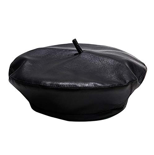 KINGSEVEN Women PU Leather French Black Beret Hat Causal Beanie Hat - Thumbnail 7