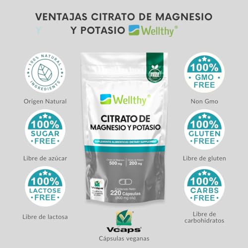 Wellthy Citrato de Magnesio y Potasio 220 Cápsulas. Tomar Sólo una Cápsula al día, Excelente fuente de Potasio y Magnesio, Cápsula Vegana, Bottle Free.