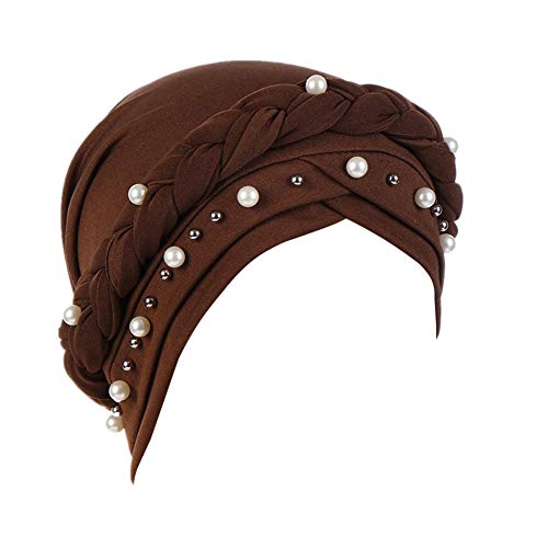 Fxhixiy Women Hijab Beading Pearl Braid Turban Hat Head Scarf Cancer Chemo Beanies Bandana Headwrap Cap (Brown)