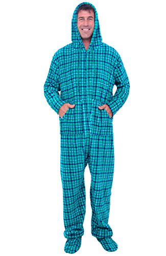 Alexander Del Rossa Mens Fleece Onesie, Hooded Footed Jumpsuit Pajamas, Small Aqua Green and Blue Plaid (A0320Q04SM)