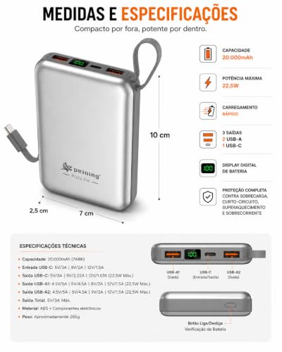 Power Bank 20000mAh PD 22.5W Carregador Portátil USB-C Display LED | Painel LED, Cabo Integrado, USB-C e Cabo Compatível com Iphone, Alça para Transporte, Carregamento Rápido,