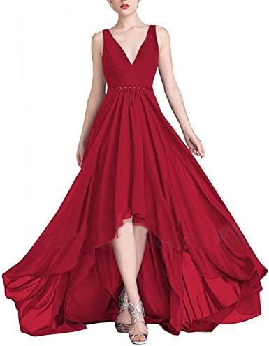 Asymmetrical Prom Dresses Chiffon Wedding Party Dresses with Beaded Belt 2018 Burgundy Size 6