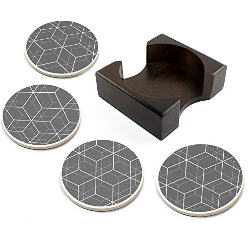 Coaster Set of 4 with Holder | Stone Drink Coasters Set, Geometric. Absorbent with Beautiful Wood Holder | Made of Ceramic with Cork Back, Absorbs Spills