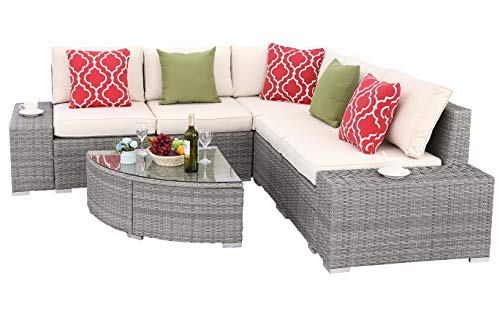 Do4U 6 PCs Outdoor Patio PE Rattan Wicker Sofa Sectional Furniture Set Conversation Set- Thick Seat Cushions & Glass Coffee Table| Patio, Backyard, Pool| Steel Frame (Beige)