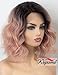 K'ryssma Ombre Pink Lace Front Wig Wavy Rose Blonde Short Bob Synthetic Wig with Dark Roots L Part Pastel Pink Ombre Wigs with Deep Side Parting