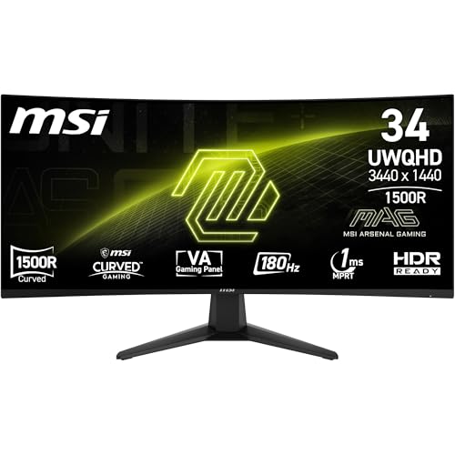 MSI MAG 346CQ 34-Zoll UWQHD Curved Gaming Monitor, 3440 x 1440, 1500R, VA, 180Hz, 1ms, HDR Ready, Eye Care, HDMI 2.0b, DP 1.4a, Frame-Less Design, Nei