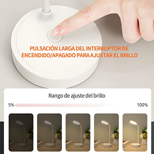 Lampara de Escritorio LED, Lámpara de Oficina Mesa, 360° Ajustable, Luz de Lectura Recargable, 3 Modos de Iluminación, Atenuación Táctil, Protección Ocular, para Trabajar, Estudiar, Leer, Escribir