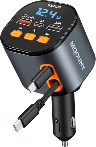Einziehbares Autoladegerät, 5 in 1 Schnellladegerät, 90W Schnellladegerät, Bluetooth 5.3 FM Transmitter Adapter, Freisprechen, 2 einziehbare Kabel und