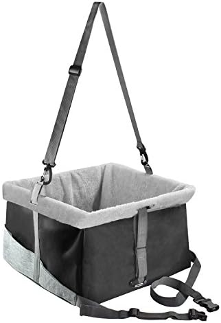 Sanwich Pet Dog Car Booster Seat, Collapsible Metal Frame, Fully Detachable Dog Travel Seat Lookout Carrier with Seat Belt Tether, Zipper Storage Pocket, 14.5'' x 14.5''