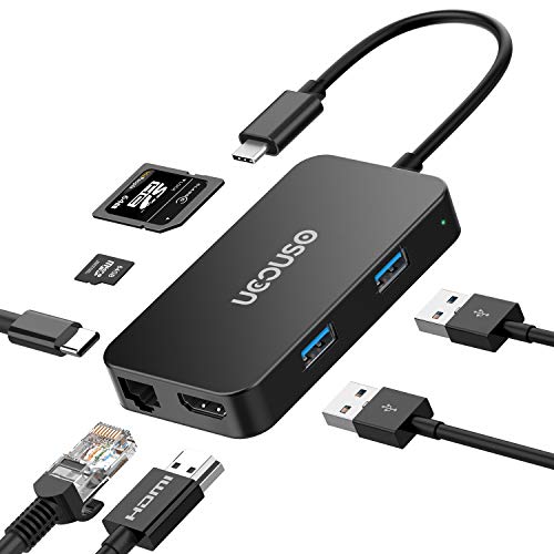 USB C HUB, UCOUSO 7 in 1 Portable USB-C Multiport Adapter to 1000M Ethernet, 4K USB C to HDMI, 2 USB 3.0 Ports, SD/TF Card Reader, PD2.0 for MacBook/Pro/Air 2016/2017/2018, ChromeBook, XPS, and More